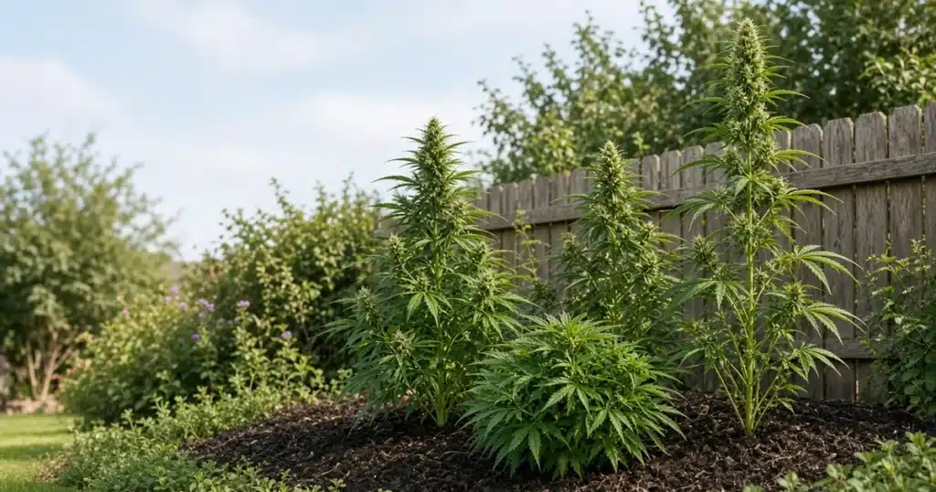 Cannabis plants of different shapes growing in a home garden