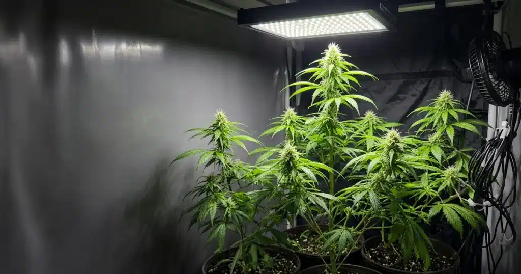 Cannabis plants in early flower under a grow light