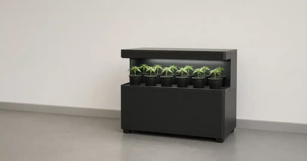 Young cannabis plants growing in a closed aeroponic system