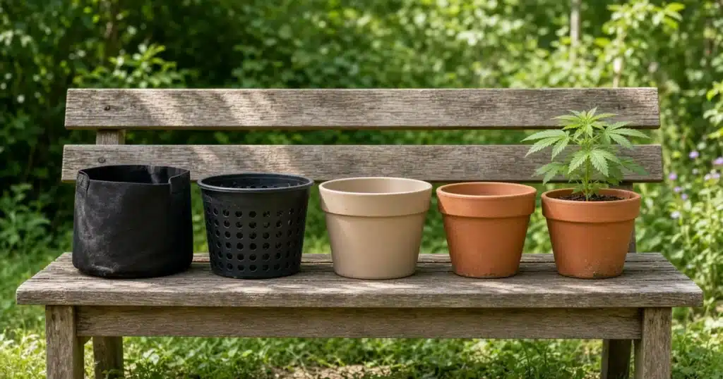 Fabric, perforated plastic, plastic and terracotta containers on a garden bench beside a young cannabis plant