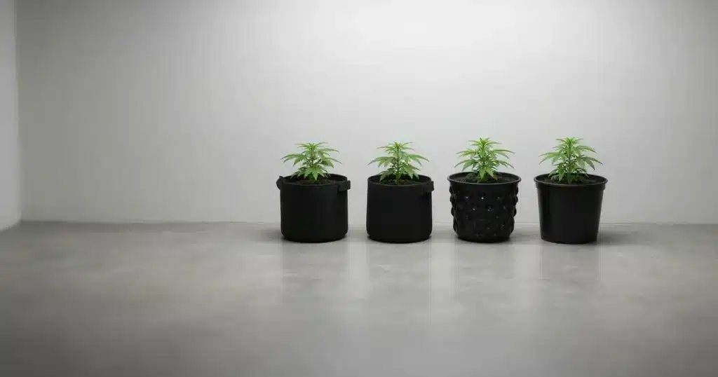 Young cannabis plants in fabric, air and plastic growing containers