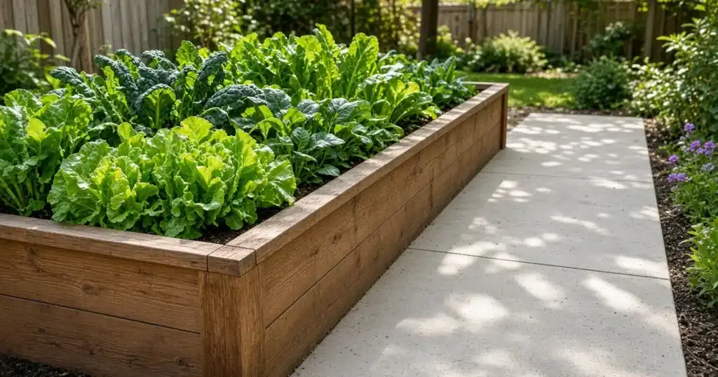 Tall raised garden bed beside a wide smooth path