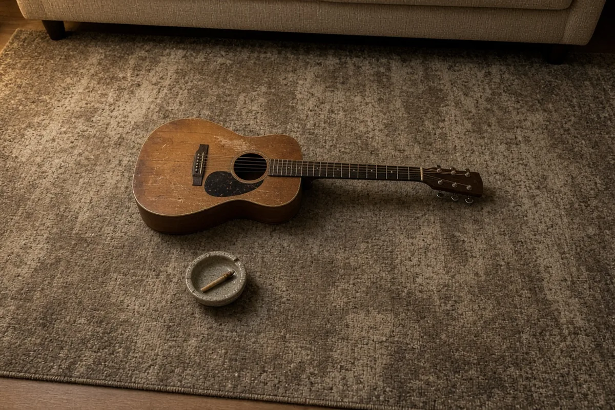 Acoustic guitar beside an ashtray with a joint