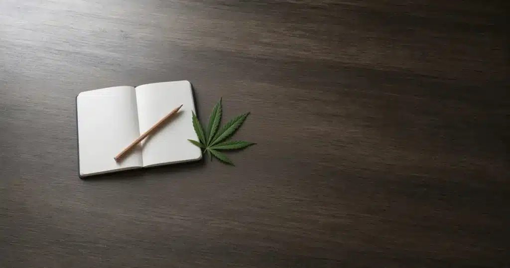 Cannabis leaf beside an empty notebook on a study desk