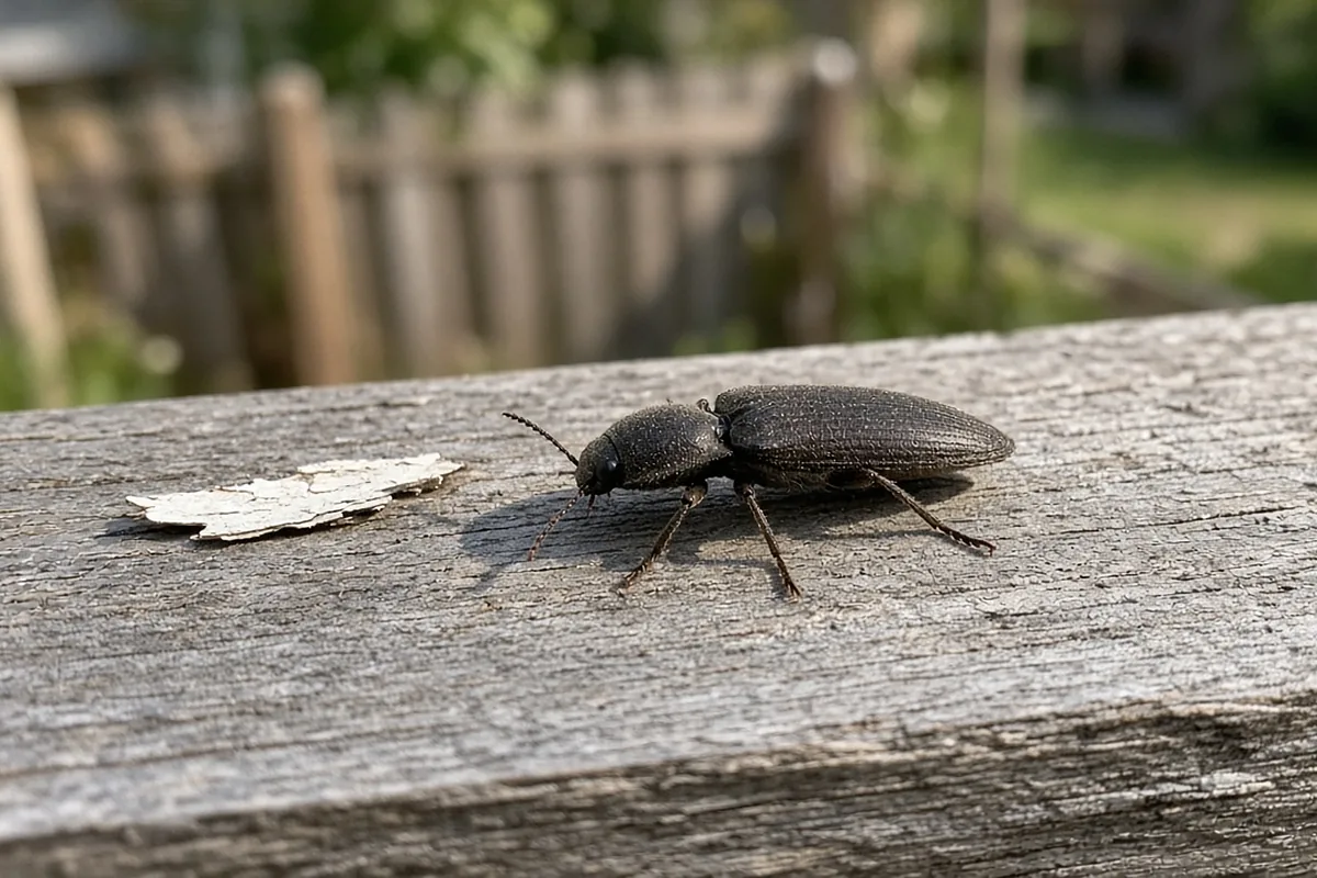 Photo-style illustration of an adult click beetle resting on a weathered wooden fence rail