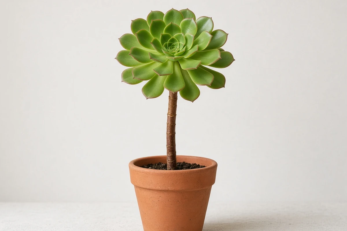 Aeonium rosette on a tall stem in a pot