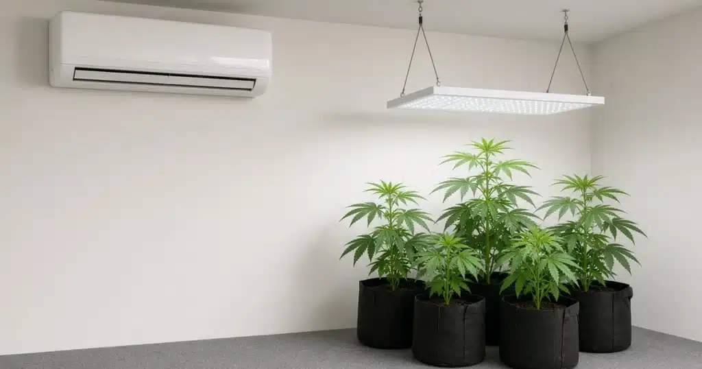 Wall mounted mini split to the left of young leafy cannabis plants in fabric pots under an LED panel in a small grow room