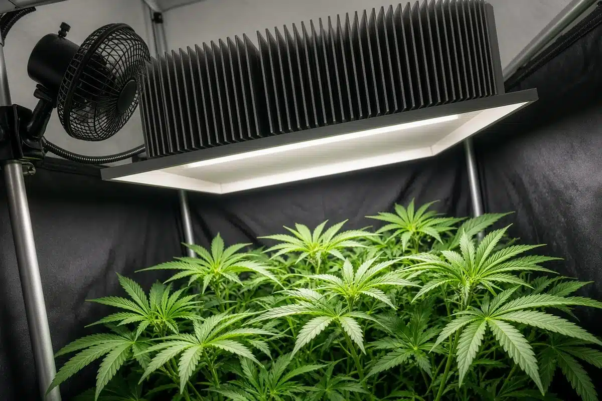 Small clip fan blowing across the back of an LED grow light heat sink above a cannabis canopy in a compact tent