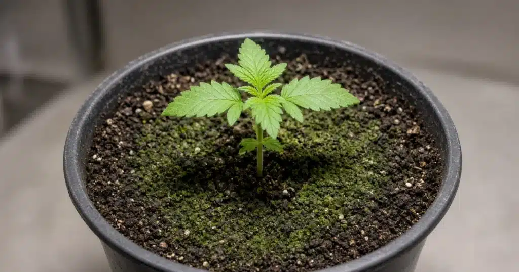 Thin green algae film on the soil around a potted cannabis seedling