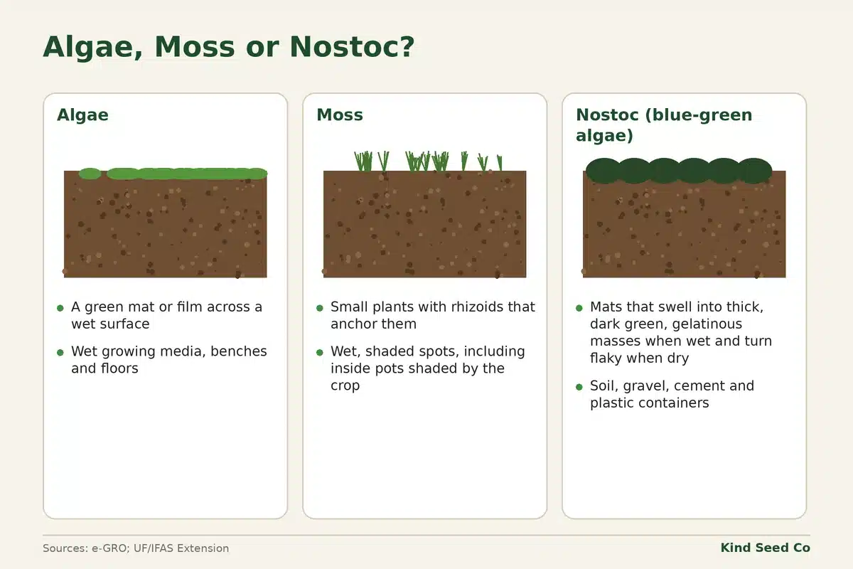 Three-card diagram comparing a green algae film, small moss plants, and dark green, jelly-like Nostoc on a soil surface