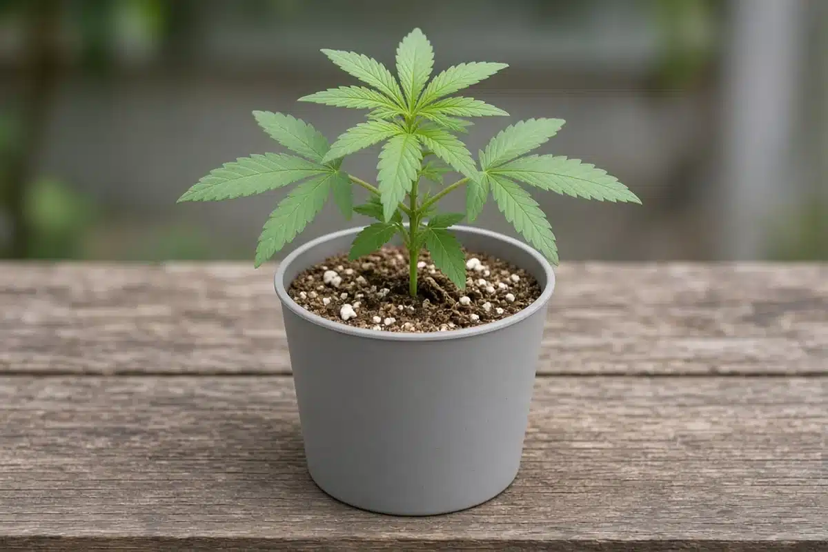 Photo-style illustration of a young cannabis plant in a pot whose top layer of mix has dried to a light brown