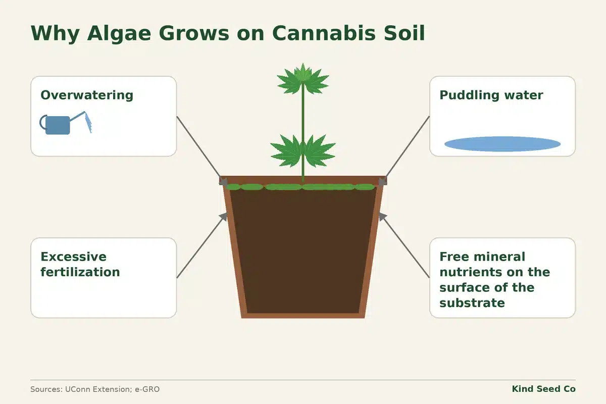 Diagram of four causes of algae on cannabis soil: overwatering, excess fertilizer, puddling water, free surface nutrients