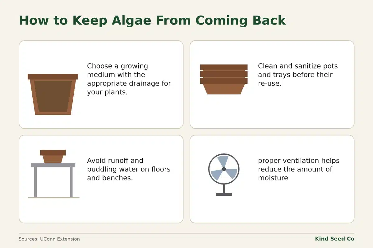 Diagram of four habits that keep algae away: well-draining mix, clean pots and trays, no puddling water, good ventilation