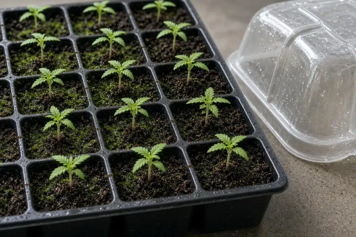 Photo-style illustration of cannabis seedlings in a cell tray with a thin green film of algae on the wet mix