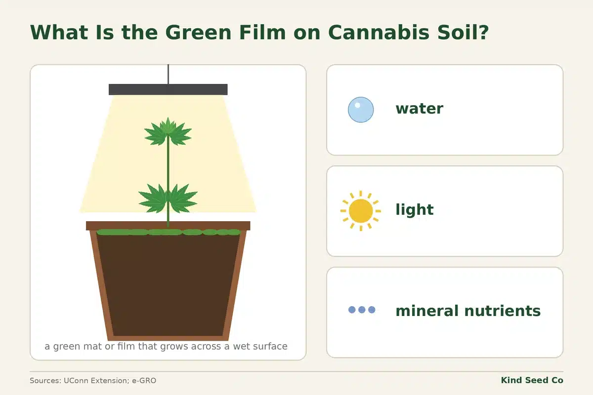Diagram of a pot with a green algae film on the soil and three things algae need to grow: water, light and mineral nutrients