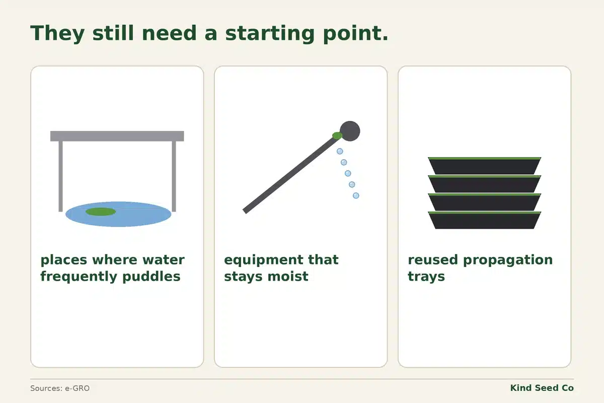 Diagram of three common sources of algae: places where water puddles, equipment that stays moist, reused propagation trays