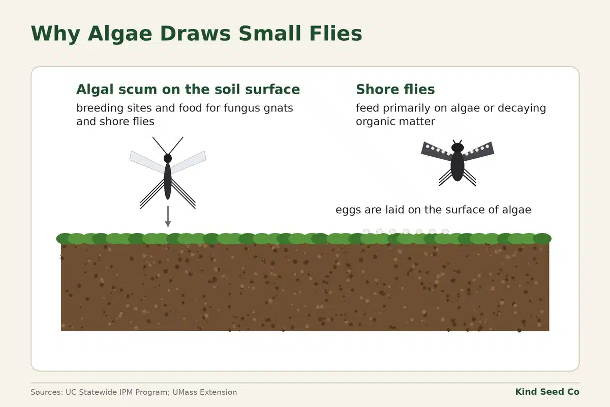 Diagram of green algal scum on a soil surface with small flies above and eggs on the algae, as breeding sites and food