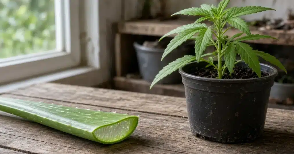 A cut aloe vera leaf on a wooden bench beside a young cannabis plant in a pot