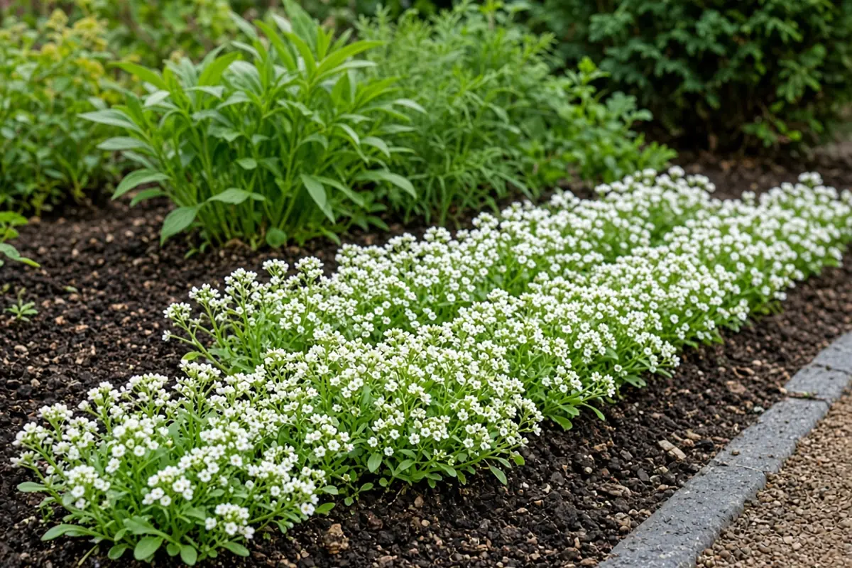 Alyssum transplants along a bed edge