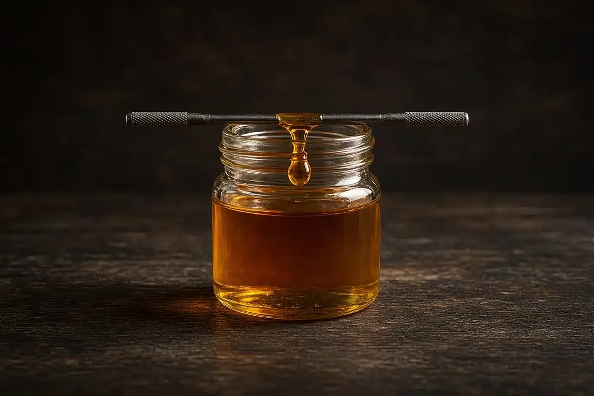 Amber cannabis oil dripping from a dab tool