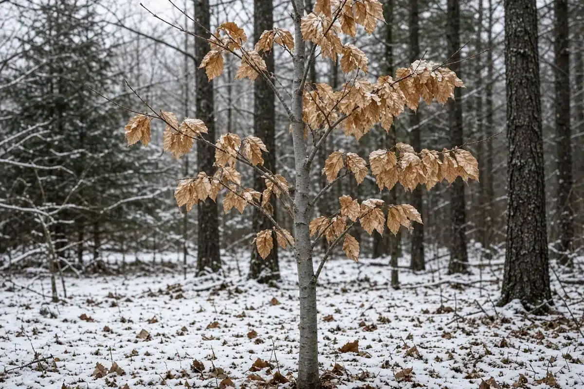American beech with pale tan leaves in winter