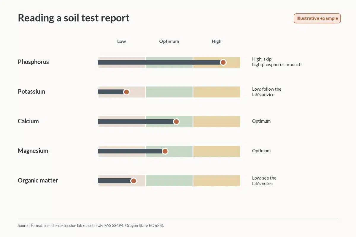 Example soil test report showing nutrient levels as low, optimum or high.