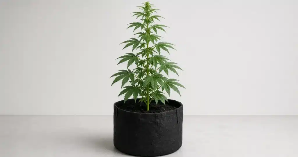 Young cannabis plant with one tall central stem and shorter side branches tapering below it like a cone