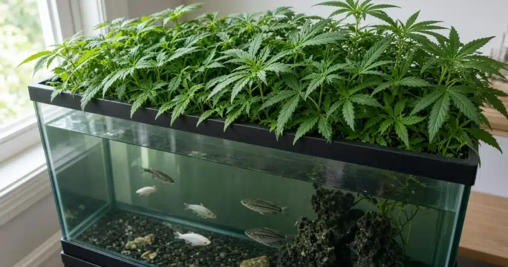 A glass fish tank below a grow bed of young cannabis plants in a bright indoor room