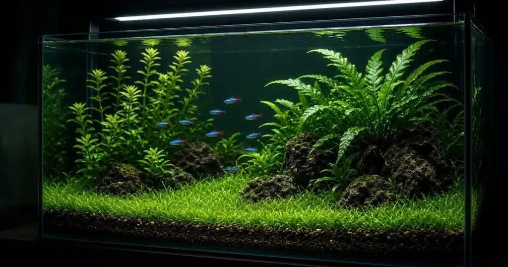 Planted freshwater aquarium under a bright LED light