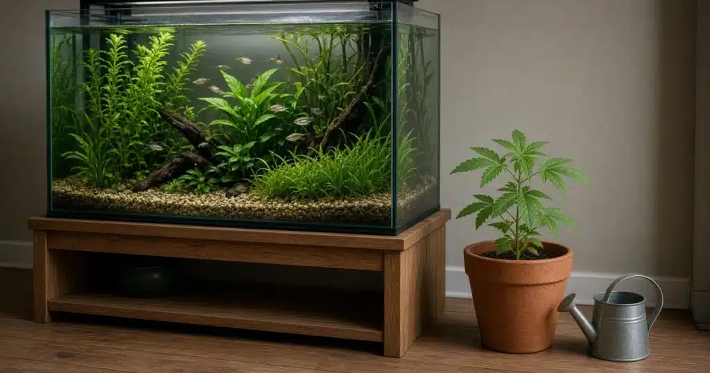 Freshwater aquarium on a stand beside a cannabis seedling in a clay pot and a small watering can