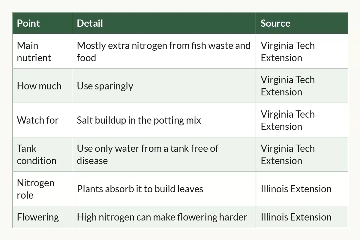 Table graphic of Fish Tank Water at a Glance, 6 rows by 3 columns