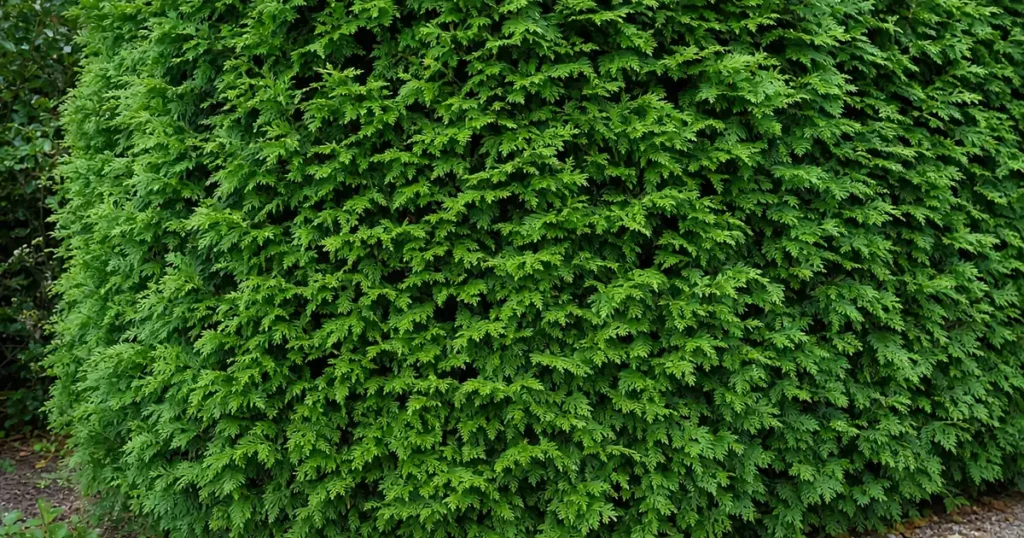 Arborvitae hedge with flat foliage sprays