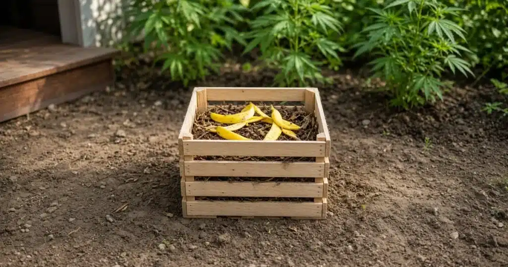 Banana peels on top of a backyard compost bin with cannabis plants growing behind it.