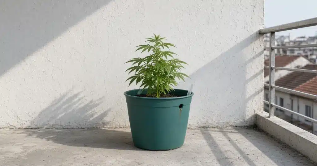 Young cannabis plant in a teal self-watering planter with a fill tube on a sunny balcony.