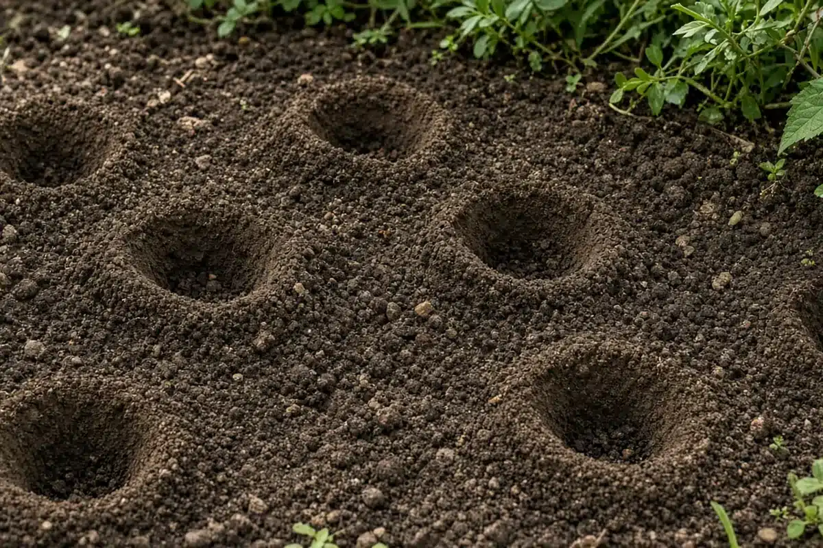 Several shallow armadillo rooting holes about 3 to 5 inches wide scattered across loose garden soil