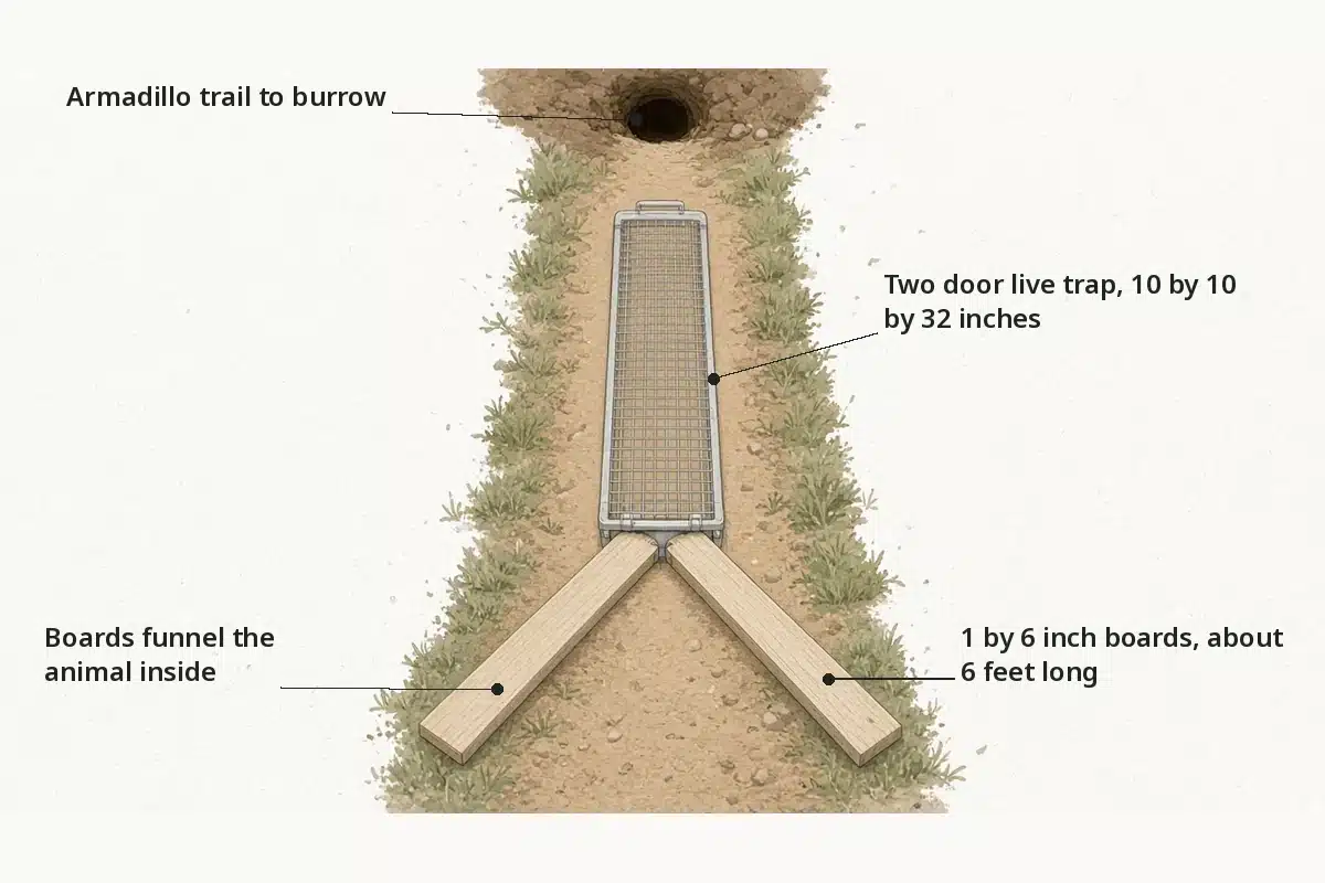 Top view of a two door live trap set on an armadillo trail with two long boards angled out from the openings to funnel the animal inside