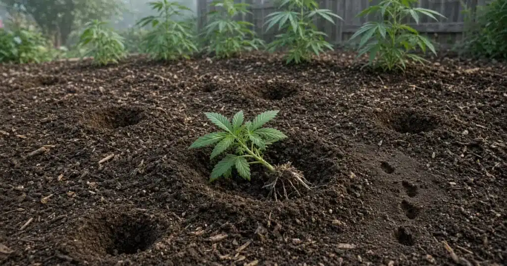 Shallow cone shaped armadillo holes dug in a mulched cannabis bed beside an uprooted young plant