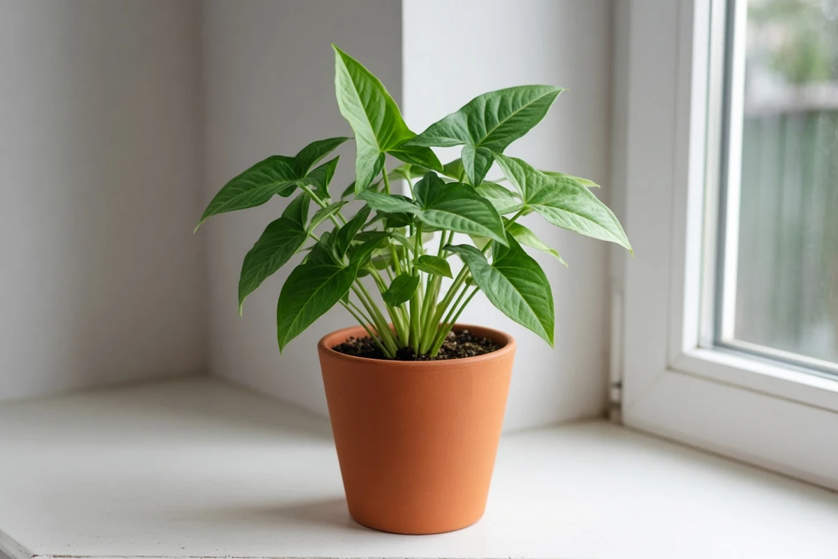 Arrow shaped syngonium leaves in a small pot