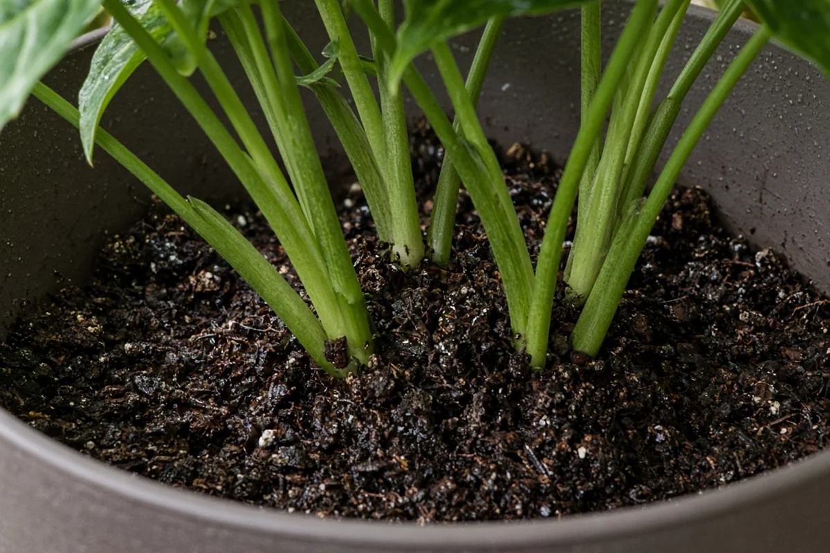 Arrowhead plant in moist potting soil