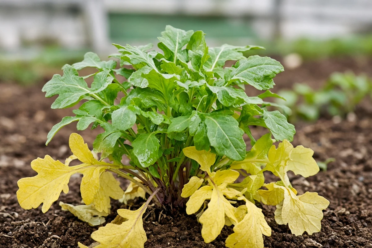 Arugula with yellowing older leaves