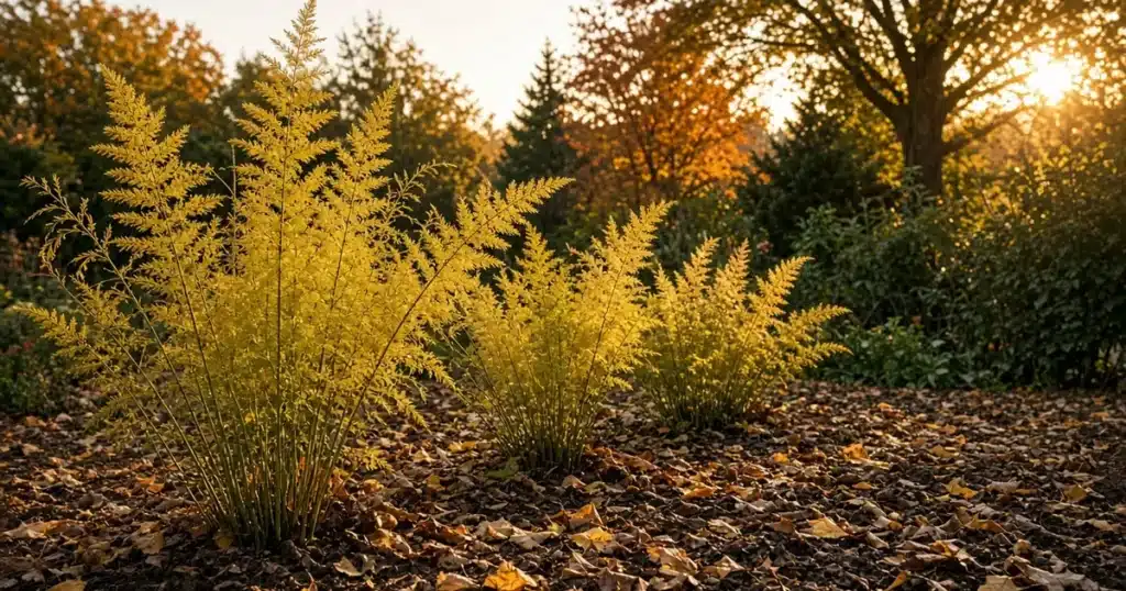Asparagus ferns turning golden yellow in a fall garden bed