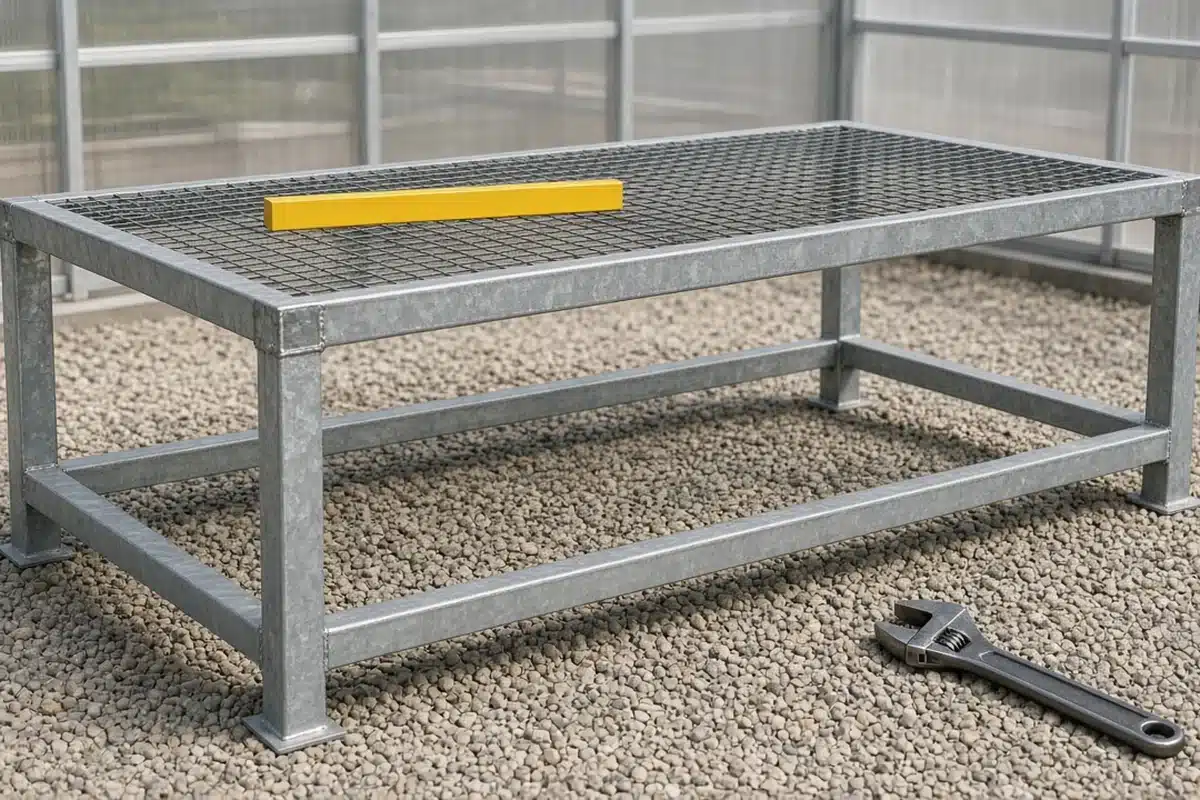 Galvanized steel bench frame with a wire mesh top on a gravel greenhouse floor, a spirit level resting on top