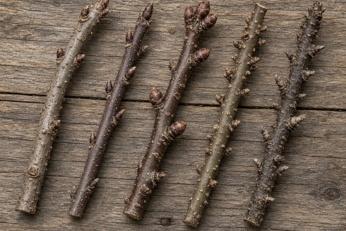 Assorted winter twigs with buds on a wooden table