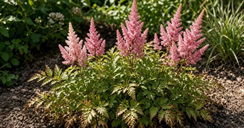 Pink astilbe plumes above foliage with brown edges
