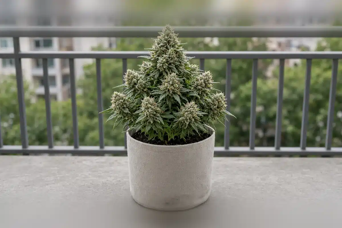 Compact autoflower cannabis plant in a pot on a balcony