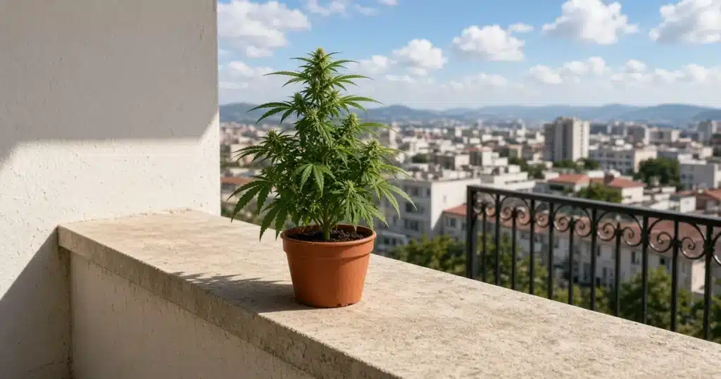 Compact autoflower cannabis plant flowering on a city balcony