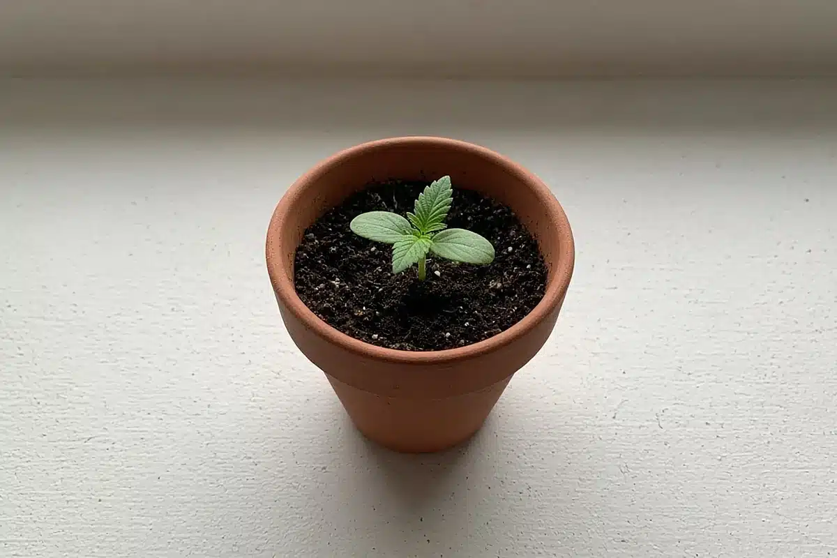 Autoflower cannabis seedling in a small pot