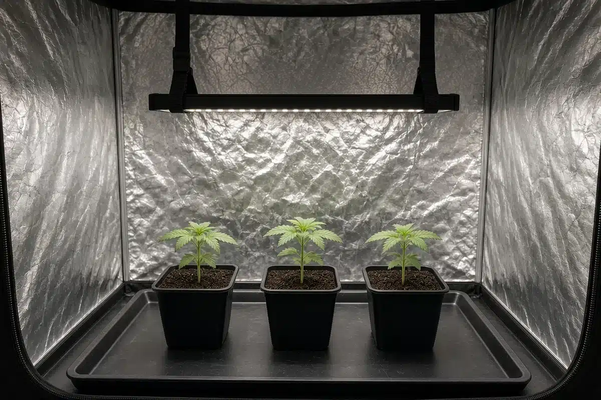 Cannabis seedlings in small black pots under an LED grow light inside a small grow tent
