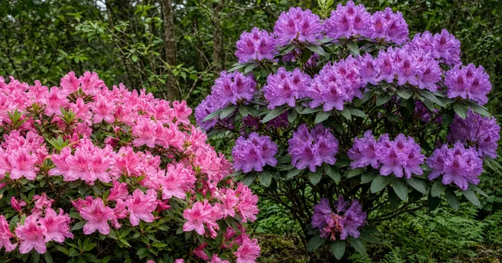Azalea and rhododendron shrubs in bloom