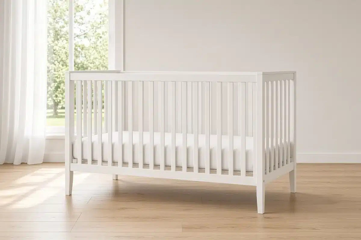 Empty crib in a sunny nursery